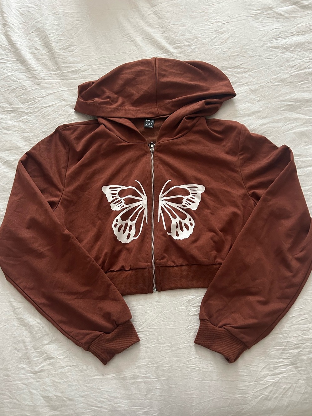 SHEIN Brown Cropped Zip-Up Hoodie with White Butterfly